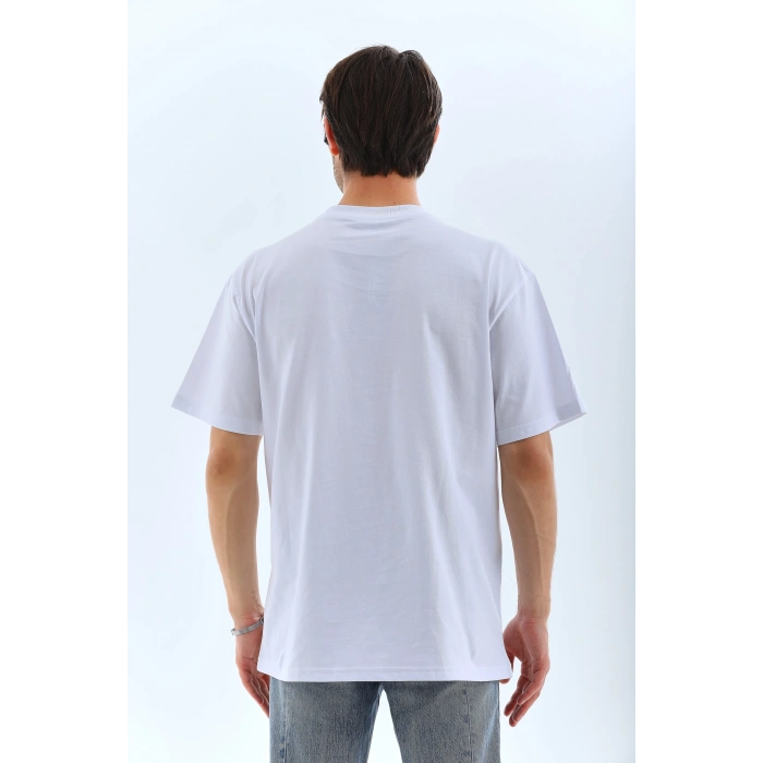 Unisex Oversize Taşlı Bisiklet Yaka T-Shirt - Beyaz