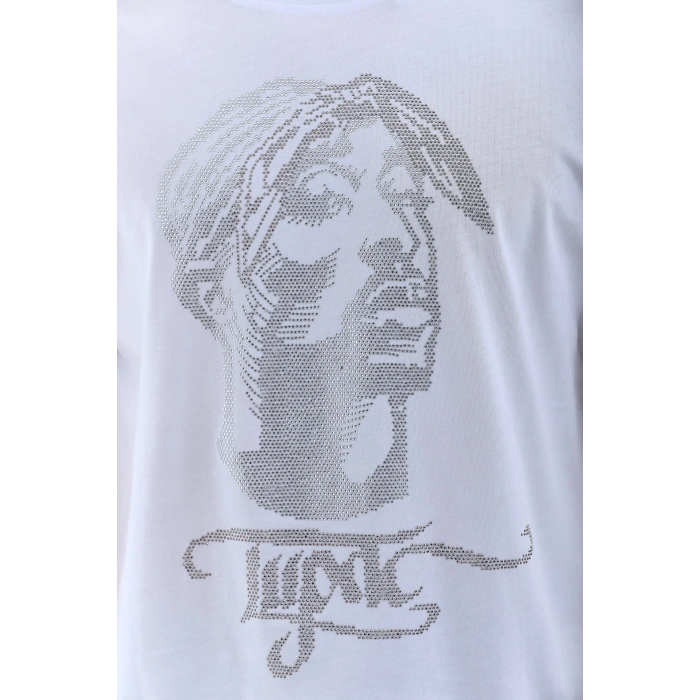 Unisex Oversize Taşlı Bisiklet Yaka T-Shirt - Beyaz