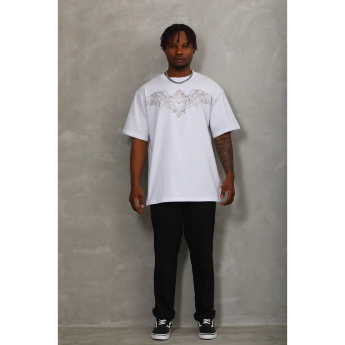 Unisex Oversize Taşlı Bisiklet Yaka T-Shirt - Beyaz