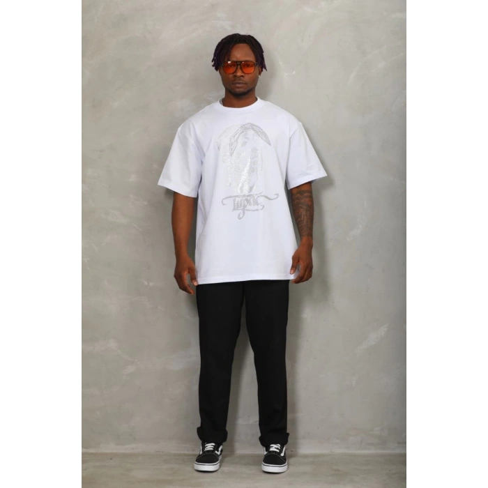 Unisex Oversize Taşlı Bisiklet Yaka T-Shirt - Beyaz