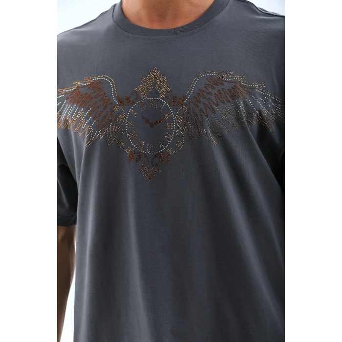 Unisex Oversize Taşlı Bisiklet Yaka T-Shirt - Füme