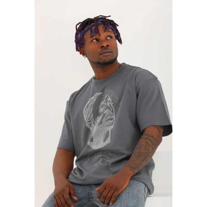 Unisex Oversize Taşlı Bisiklet Yaka T-Shirt - Füme