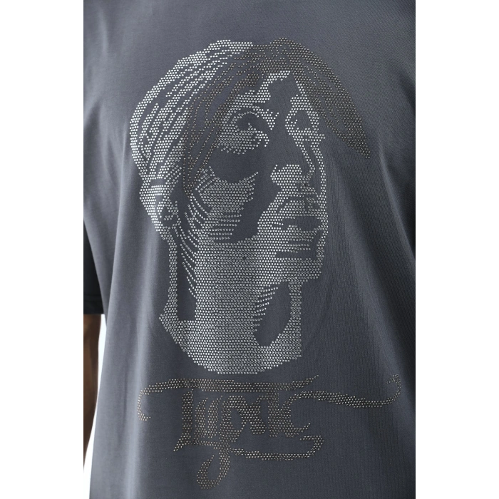 Unisex Oversize Taşlı Bisiklet Yaka T-Shirt - Füme