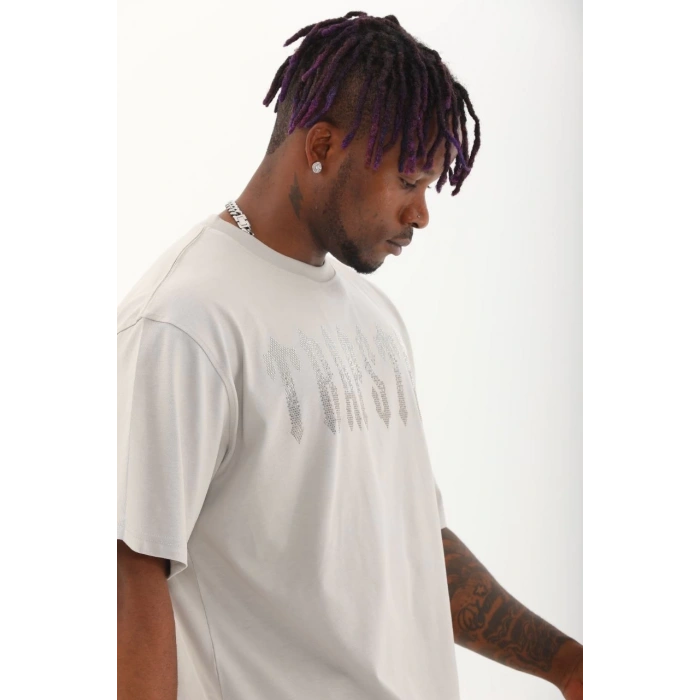 Unisex Oversize Taşlı Bisiklet Yaka T-Shirt - Gri