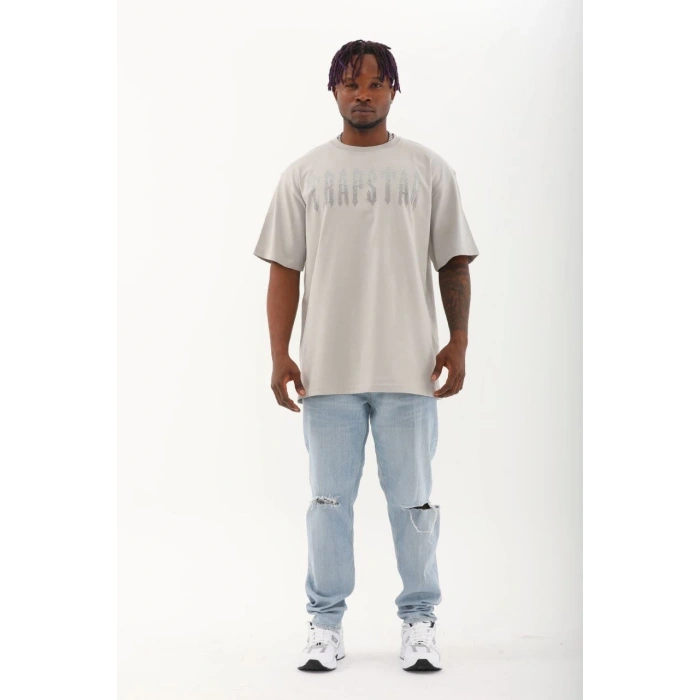 Unisex Oversize Taşlı Bisiklet Yaka T-Shirt - Gri