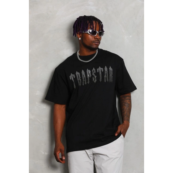 Unisex Oversize Taşlı Bisiklet Yaka T-Shirt - Siyah