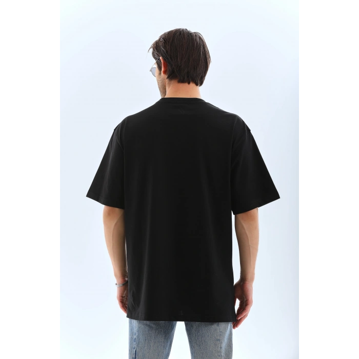 Unisex Oversize Taşlı Bisiklet Yaka T-Shirt - Siyah