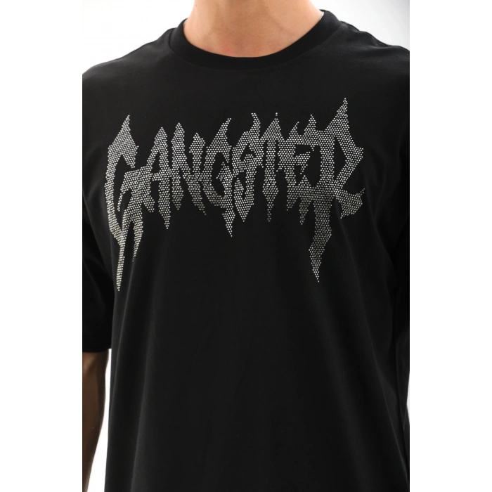 Unisex Oversize Taşlı Bisiklet Yaka T-Shirt - Siyah