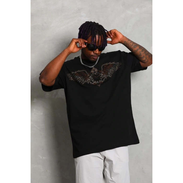 Unisex Oversize Taşlı Bisiklet Yaka T-Shirt - Siyah