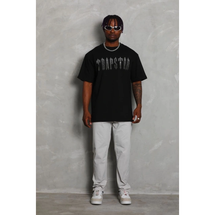 Unisex Oversize Taşlı Bisiklet Yaka T-Shirt - Siyah