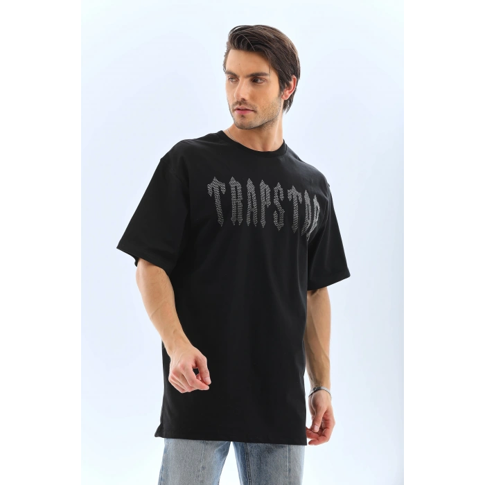 Unisex Oversize Taşlı Bisiklet Yaka T-Shirt - Siyah