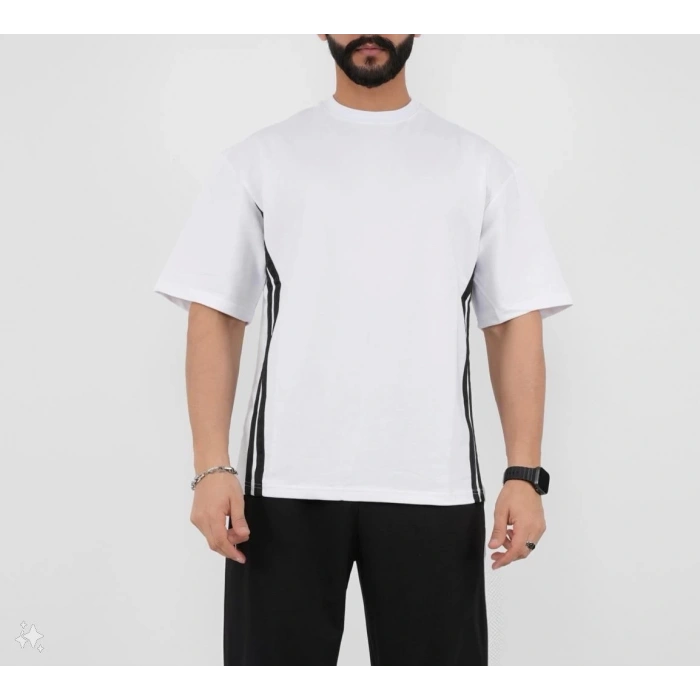 Unisex Oversize Yanları Şeritli T-Shirt - Beyaz