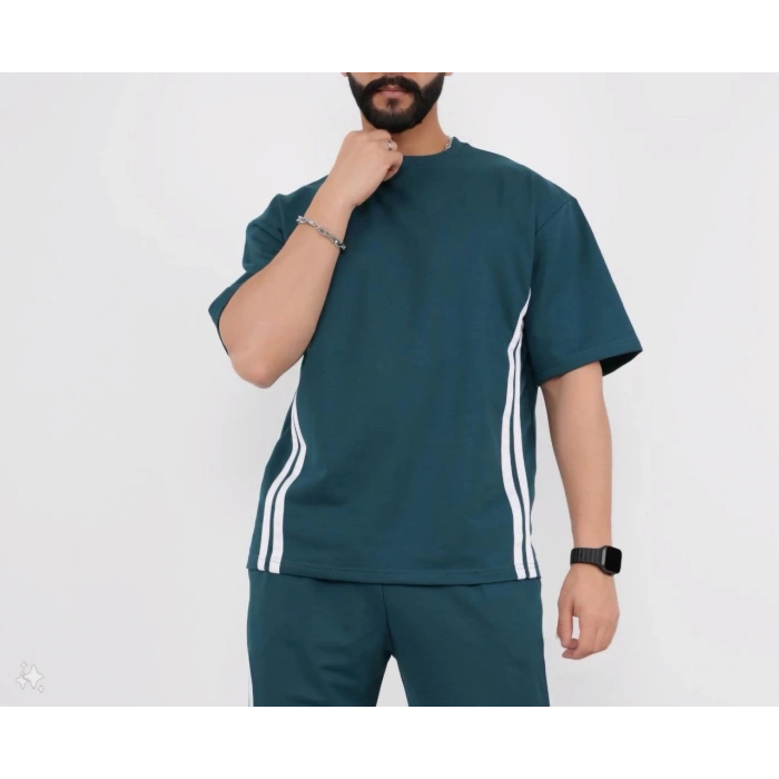 Unisex Oversize Yanları Şeritli T-Shirt - Cam Göbeği