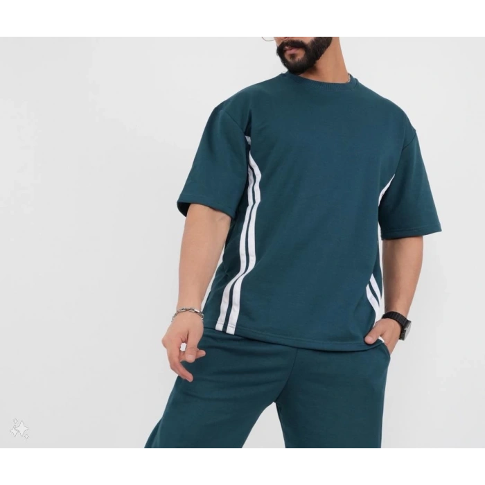 Unisex Oversize Yanları Şeritli T-Shirt - Cam Göbeği