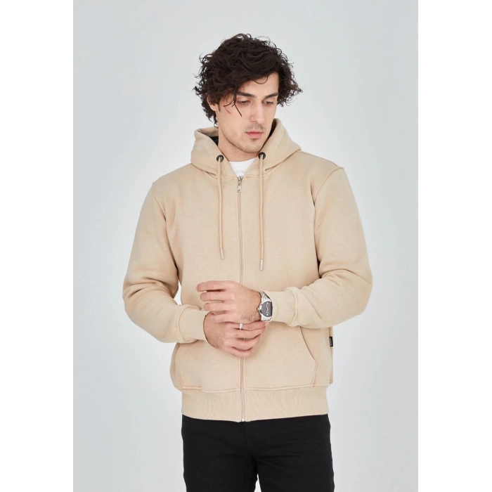 Unisex Tam Fermuarlı Kapşonlu  SweatShirt - Bej