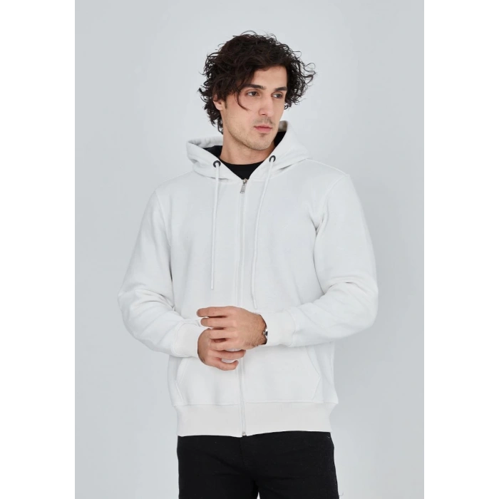 Unisex Tam Fermuarlı Kapşonlu  SweatShirt - Beyaz