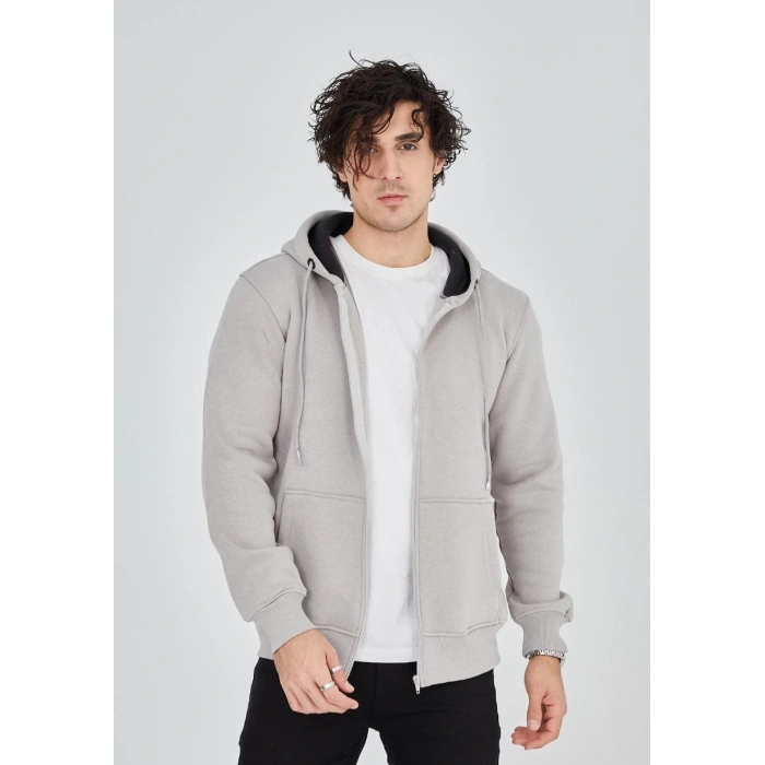 Unisex Tam Fermuarlı Kapşonlu  SweatShirt - Boyalı Gri