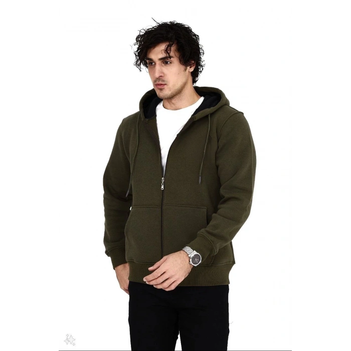 Erkek 3 İplik Pamuklu Tam Fermuarlı Kapüşonlu Kanguru Cepli Düz Hoodie Sweatshirt - Haki