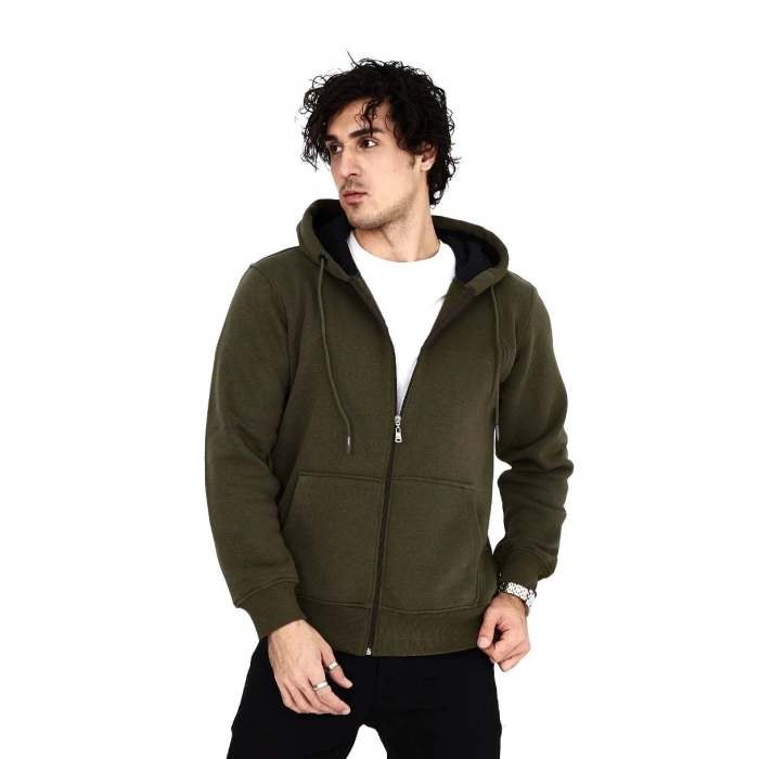 Erkek 3 İplik Pamuklu Tam Fermuarlı Kapüşonlu Kanguru Cepli Düz Hoodie Sweatshirt - Haki