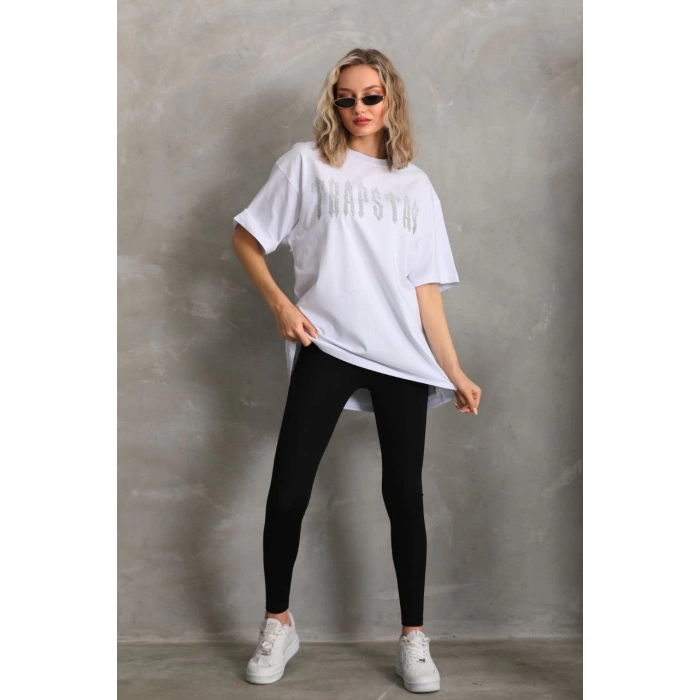 Unisex Taş Desenli Oversize T-Shirt - Beyaz