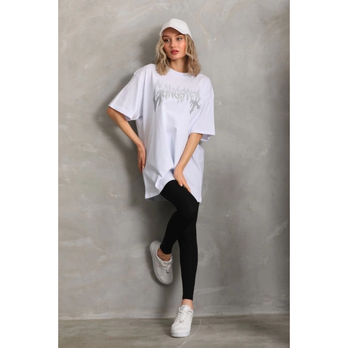 Unisex Taş Desenli Oversize T-Shirt - Beyaz