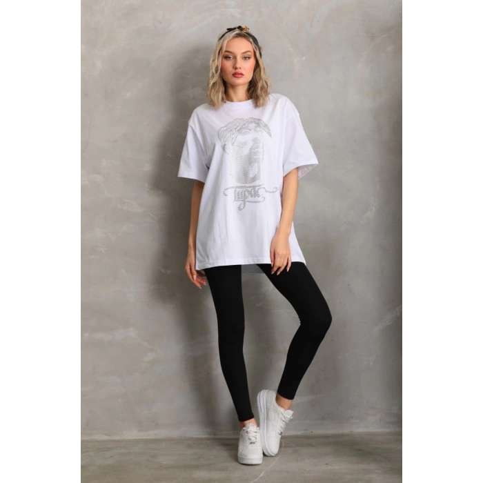 Unisex Taş Desenli Oversize T-Shirt - Beyaz