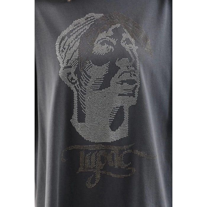 Unisex Taş Desenli Oversize T-Shirt - Füme