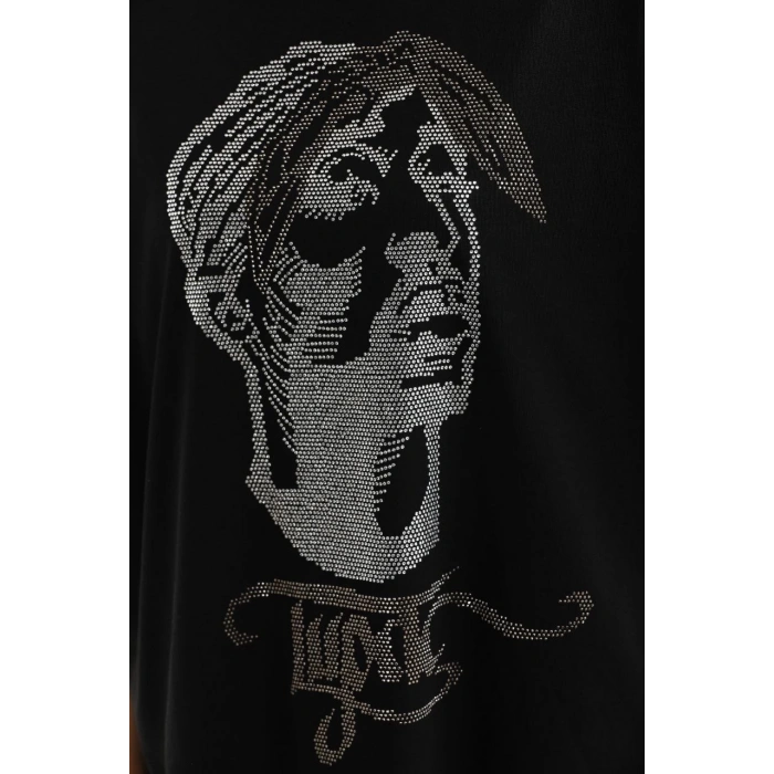 Unisex Taş Desenli Oversize T-Shirt - Siyah