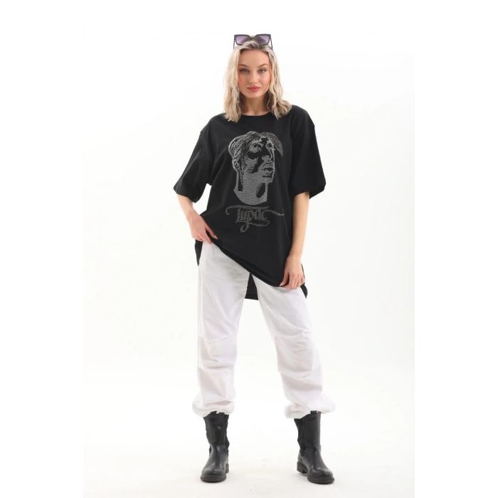 Unisex Taş Desenli Oversize T-Shirt - Siyah