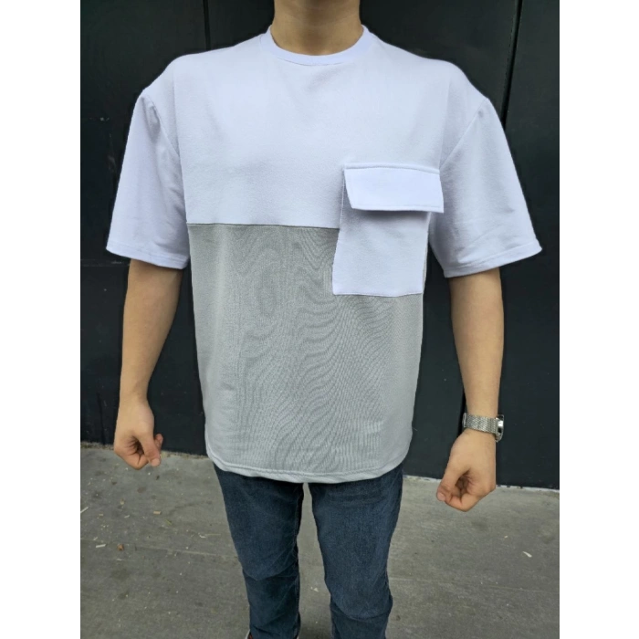 Unisex Torba Cep Detaylı Parçalı T-Shirt - Gri