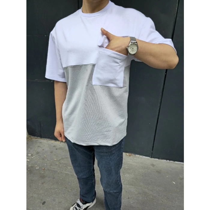 Unisex Torba Cep Detaylı Parçalı T-Shirt - Gri