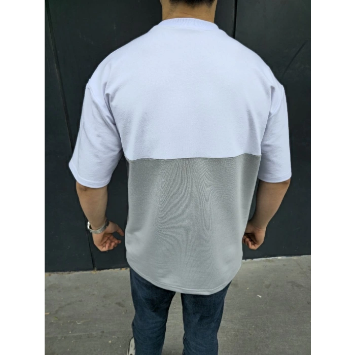 Unisex Torba Cep Detaylı Parçalı T-Shirt - Gri