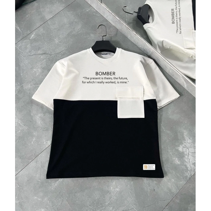 Unisex Torba Cep Detaylı  Parçalı T-Shirt - Siyah