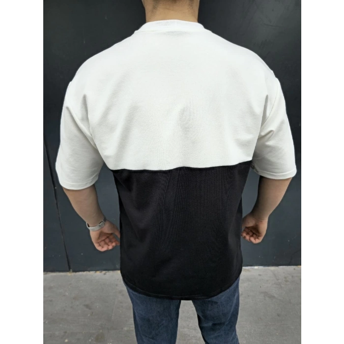 Unisex Torba Cep Detaylı Parçalı T-Shirt - Siyah