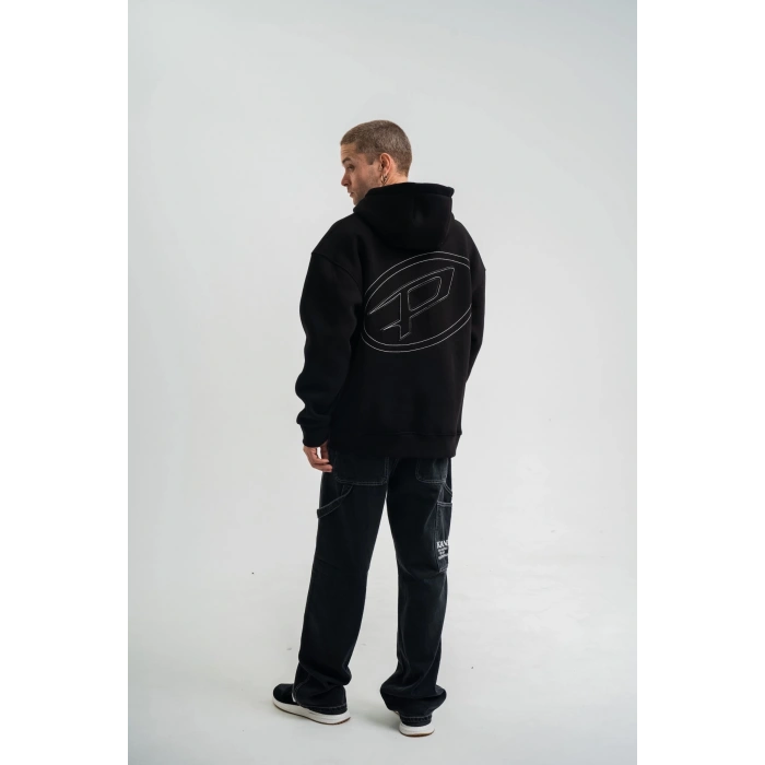 Unisex Üç İplik Kapşonlu Nakışlı SweatShirt - Siyah