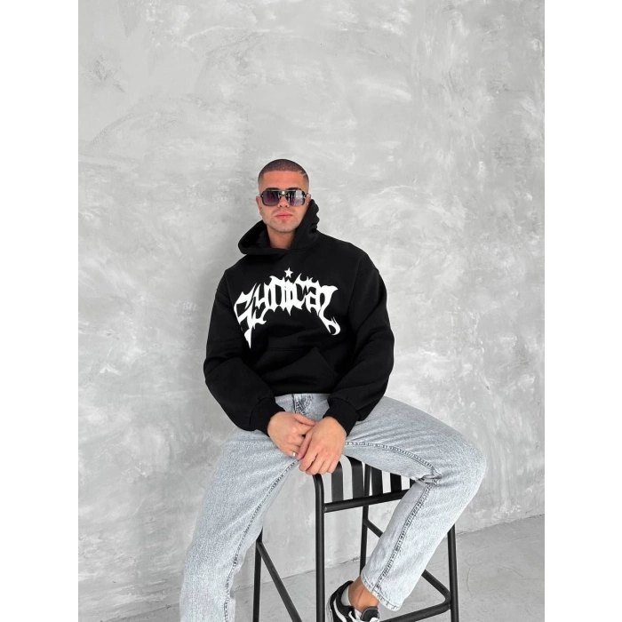 Unisex Üç İplik Kapüşonlu Baskılı SweatShirt - Siyah