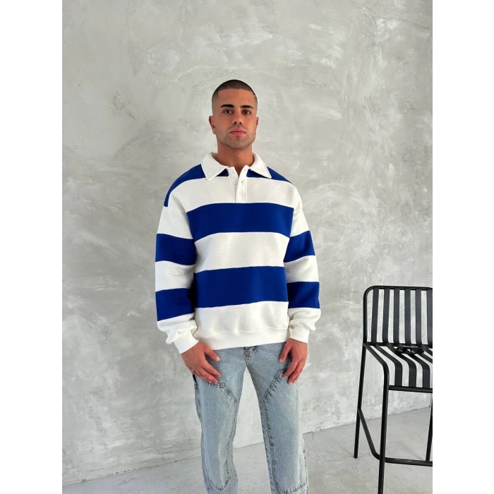 Unisex Üç İplik Parçalı Yakalı SweatShirt - Mavi