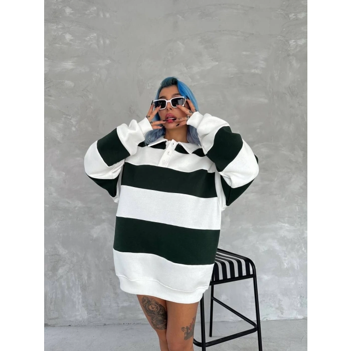 Unisex Üç İplik Parçalı Yakalı SweatShirt - Yeşil