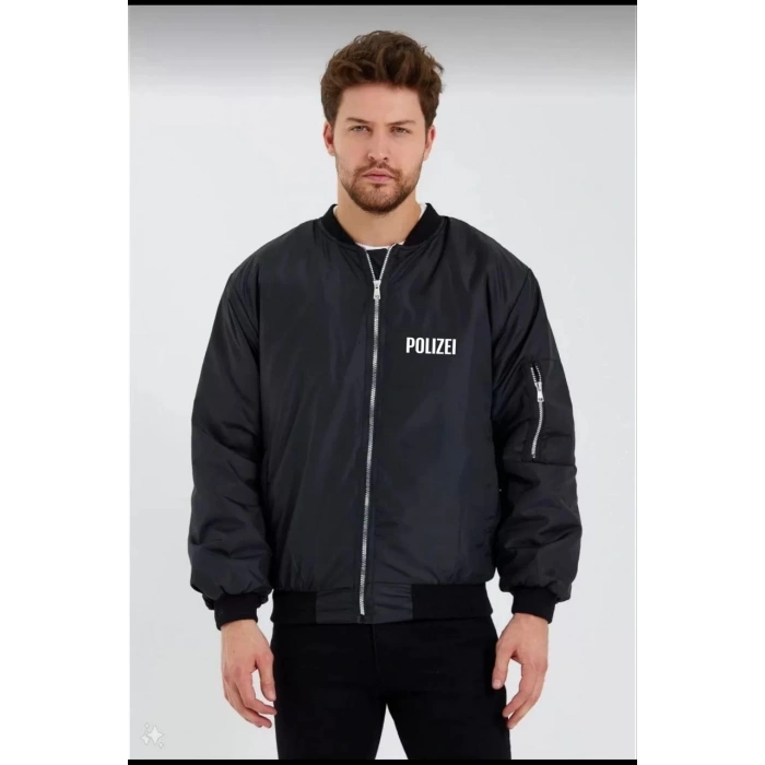 Erkek Siyah Bomber Mont – POLIZEI Yazılı, Fermuarlı Cepli, Kapitone Astarlı, Su İtici Kumaş Şık Günlük Ceket- Siyah
