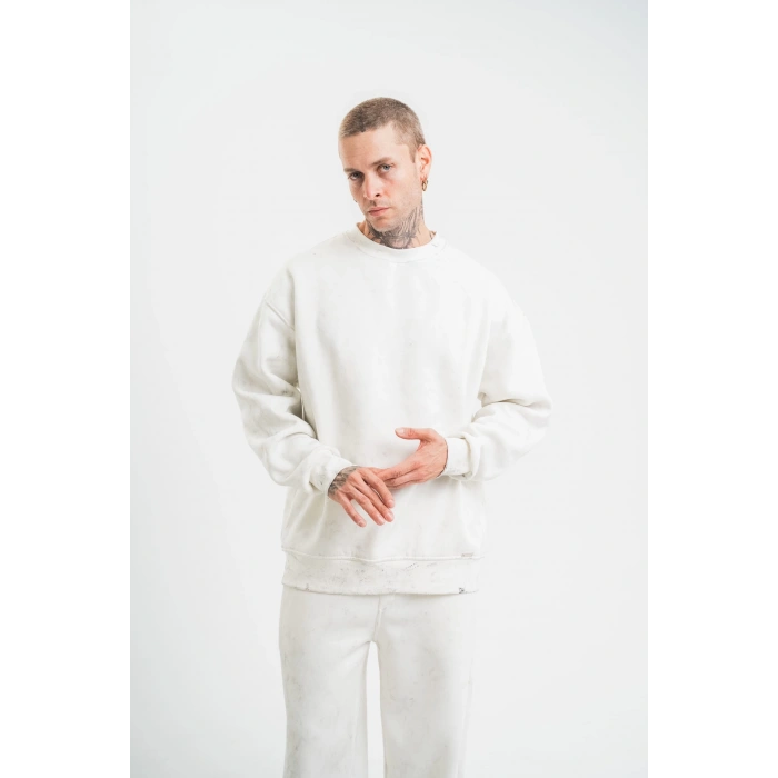 Unisex Uzun Kol Bisiklet Yaka Yıkamalı SweatShirt - Beyaz