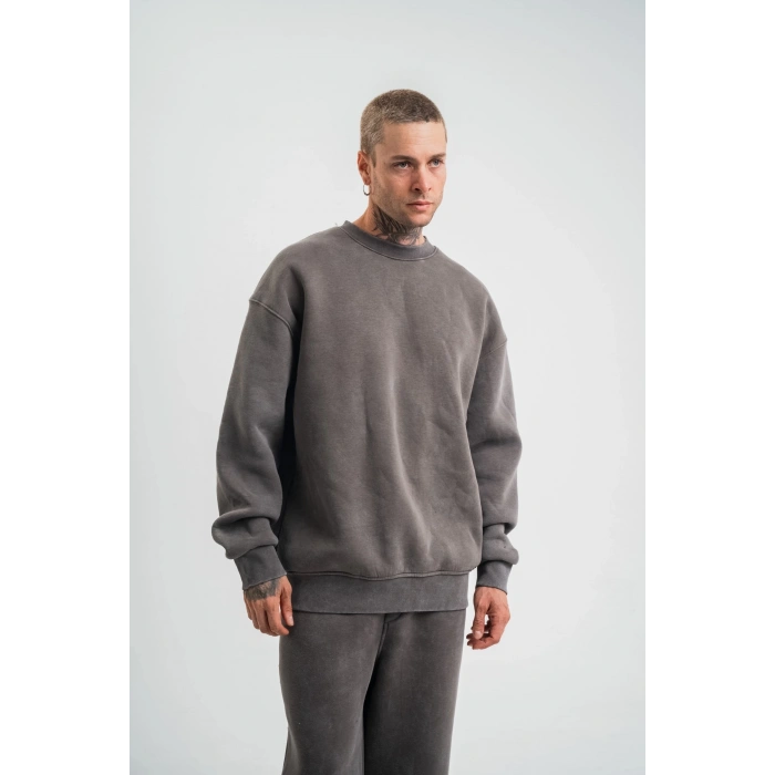 Unisex Uzun Kol Bisiklet Yaka Yıkamalı SweatShirt - Füme