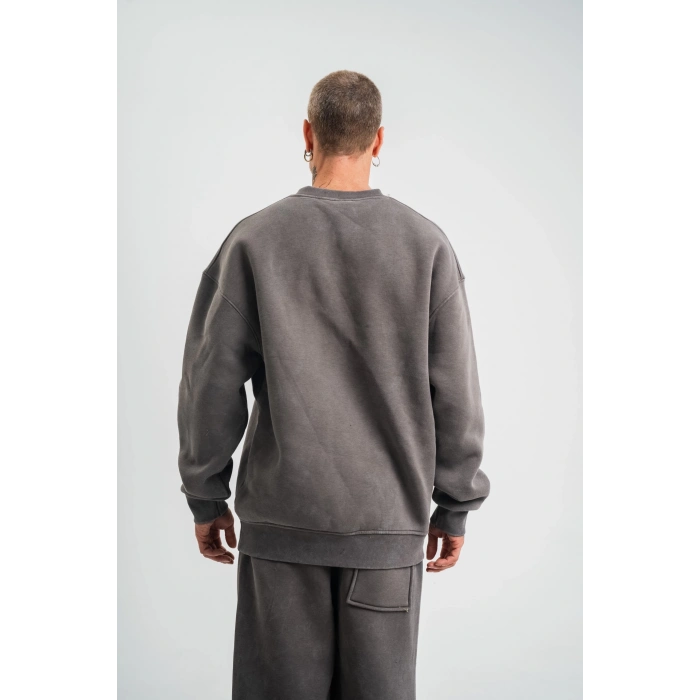 Unisex Uzun Kol Bisiklet Yaka Yıkamalı SweatShirt - Füme