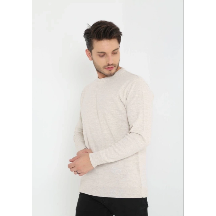 Unisex Uzun Kol Biskilet Yaka Dokuma Triko - Bej