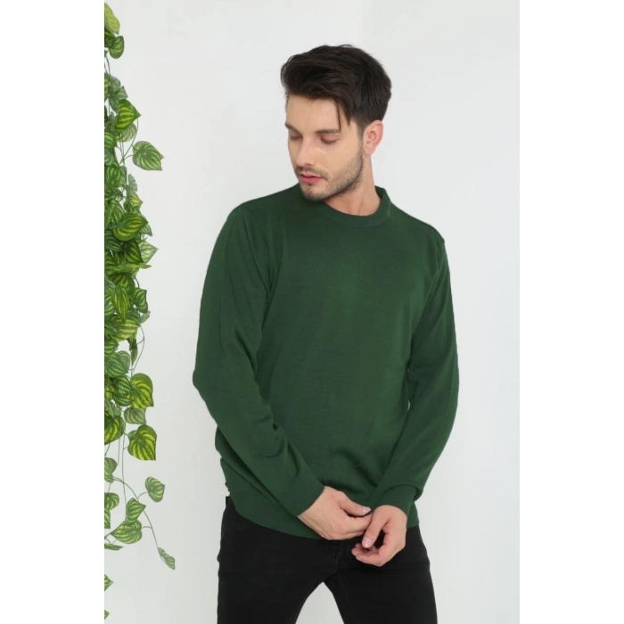 Erkek Bisiklet yaka Kazak Uzun Kol Dokuma Triko - Haki