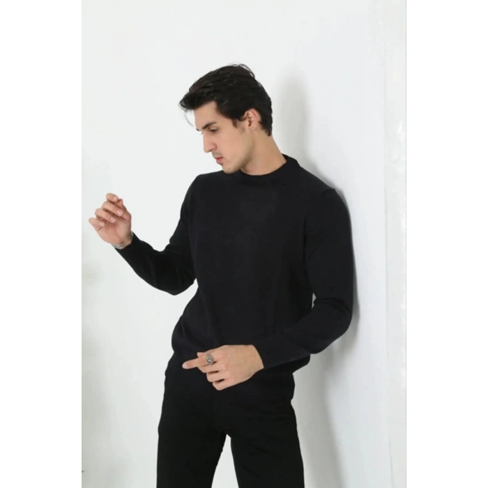 Erkek Bisiklet yaka Kazak Uzun Kol Dokuma Triko - Siyah
