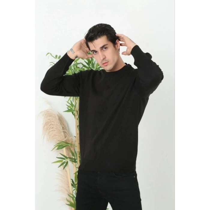 Erkek Bisiklet yaka Kazak Uzun Kol Dokuma Triko - Siyah