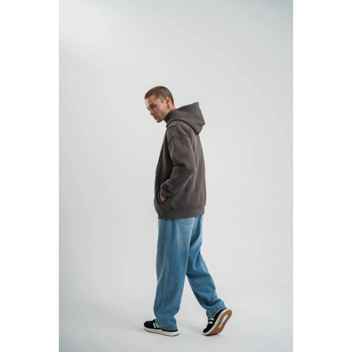 Unisex Uzun Kol Kapşonlu Yıkamalı Nakışlı SweatShirt - Füme