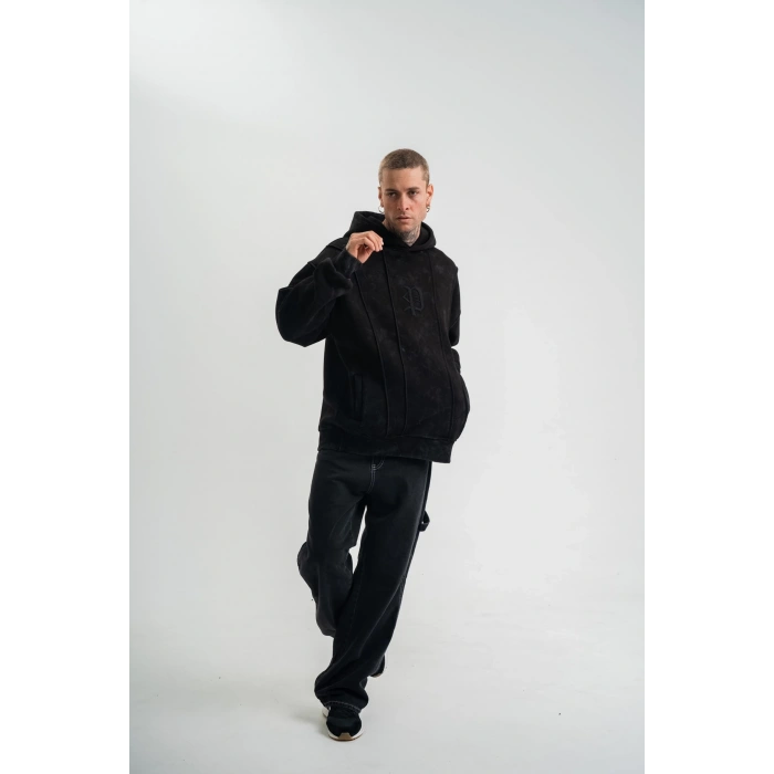 Unisex Uzun Kol Kapşonlu Yıkamalı Nakışlı SweatShirt - Siyah