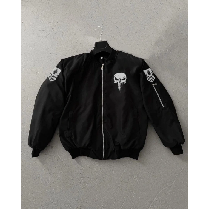 Siyah Askeri Tarz Bomber Mont – Unisex, Punisher Skull Detaylı, Fermuarlı, Cepli, Uzun Kollu, Bahar ve Kış Günlük Moda İçin Uygun - Siyah