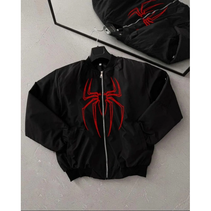 Örümcek Desenli Siyah Bomber Mont – Unisex Kullanıma Uygun, Fermuarlı Cepli, Kapitone Astarlı, Bahar Kış Günlük Giyim İçin Moda Ceket Modeli - Siyah